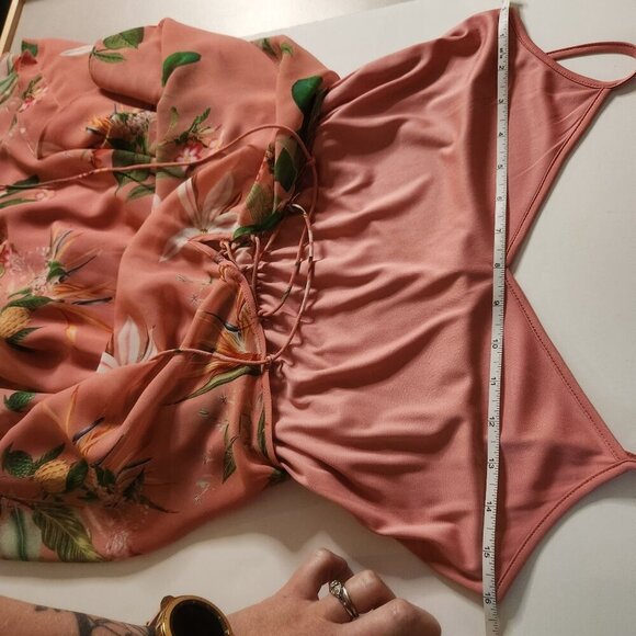 EXPRESS Tropical Mini Dress Sz S Coral Palm Kaftan Sheer Lined Vacation Resort - Picture 7 of 8